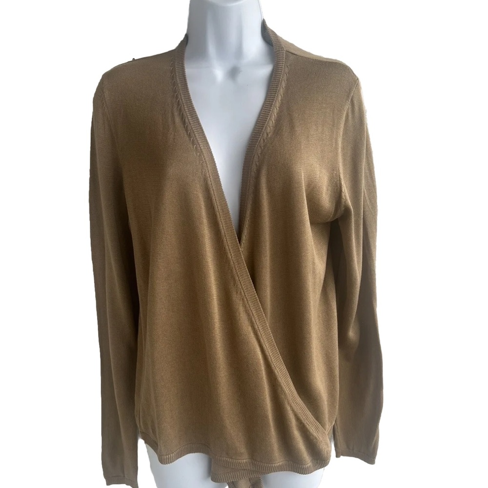 Orvis 100% Spun Silk Fine Knit Open Front Almond Tan Cardigan Sweater Small NWT